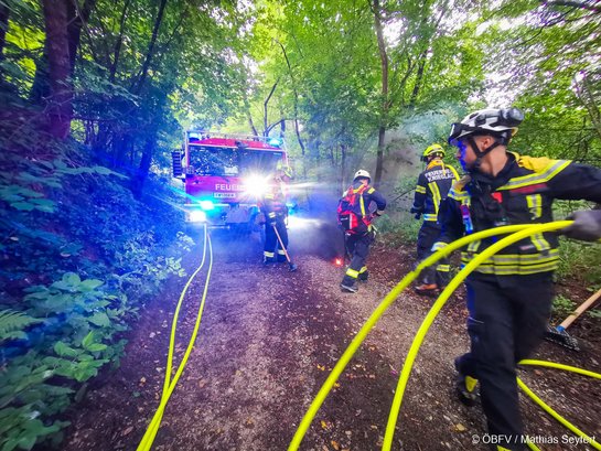 Feuerwehrleute im Wald mit Löschfahrzeug und Schläuchen, Einsatz bei Nebel